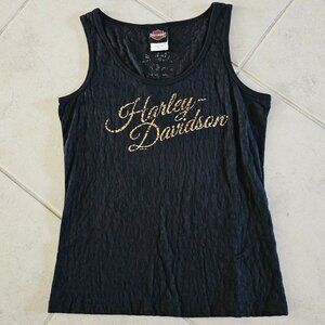 Vintage Black & Gold Metallic Harley Davidson Leopard Burn-out Tank Top Size XL
